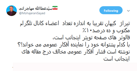 مهاجرانی: کیهان، ۱۰ درصد توییتر من مخاطب ندارد