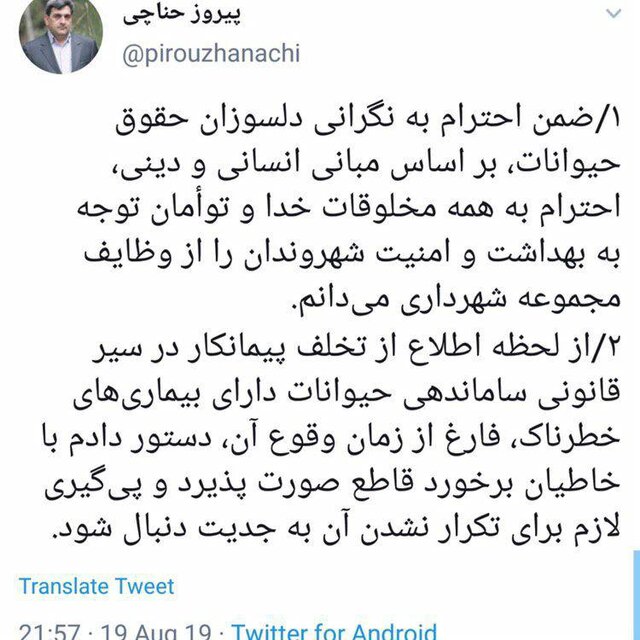 واکنش توئیتری حناچی به ماجرای حیوان آزاری