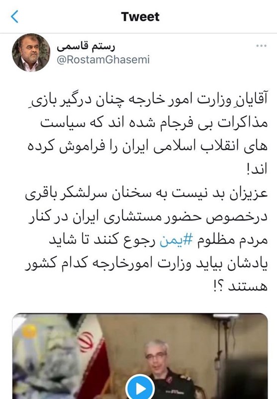 حمله رستم قاسمی به وزارت خارجه به دلیل رد کردن اظهارات او