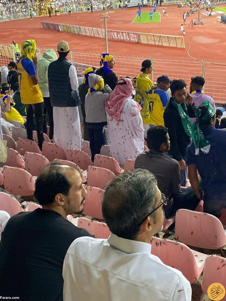 (عکس) هجوم عجیب ملخ‌ها به ورزشگاه عربستان در روز درخشش رونالدو