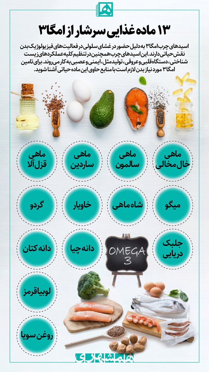 (اینفوگرافیک) ۱۳ ماده غذایی سرشار از امگا ۳ | منابع امگا ۳ را بشناسید