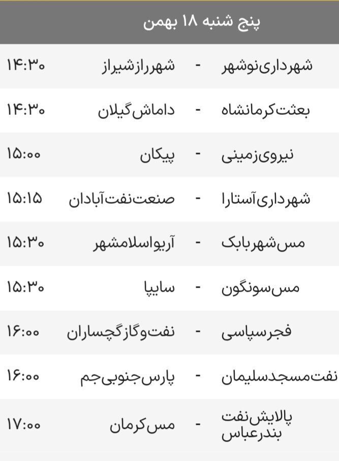 برنامه و ساعت دقیق بازی‌های هفته بیستم لیگ یک (آزادگان)