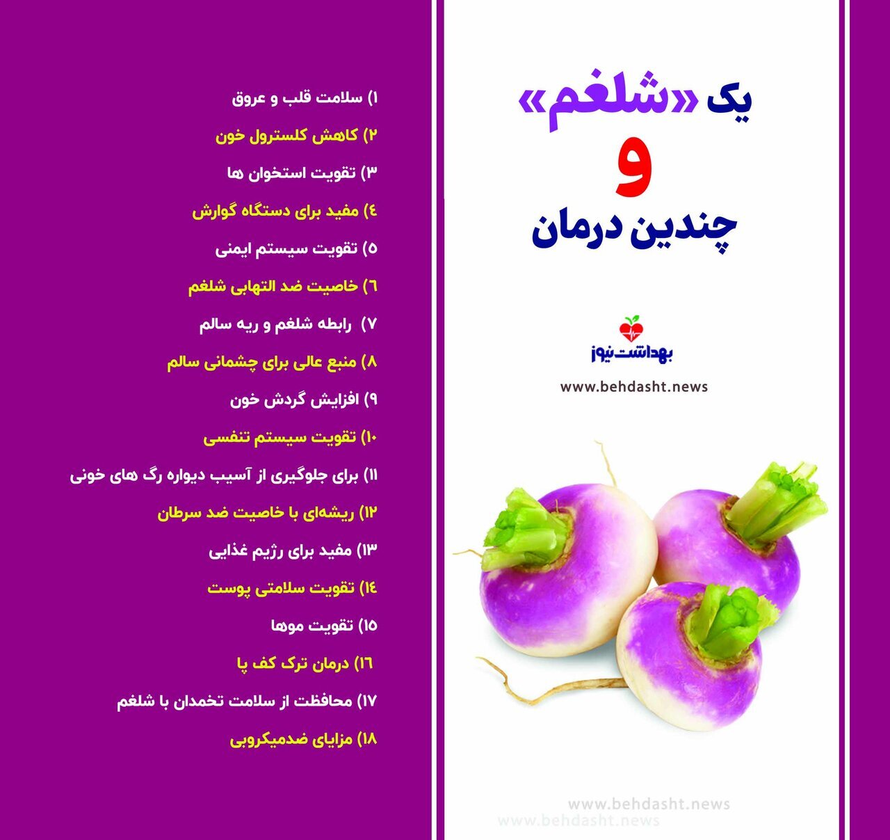 ۱۸ خواص بی‌نظیر شلغم برای سلامتی (اینفوگرافی)
