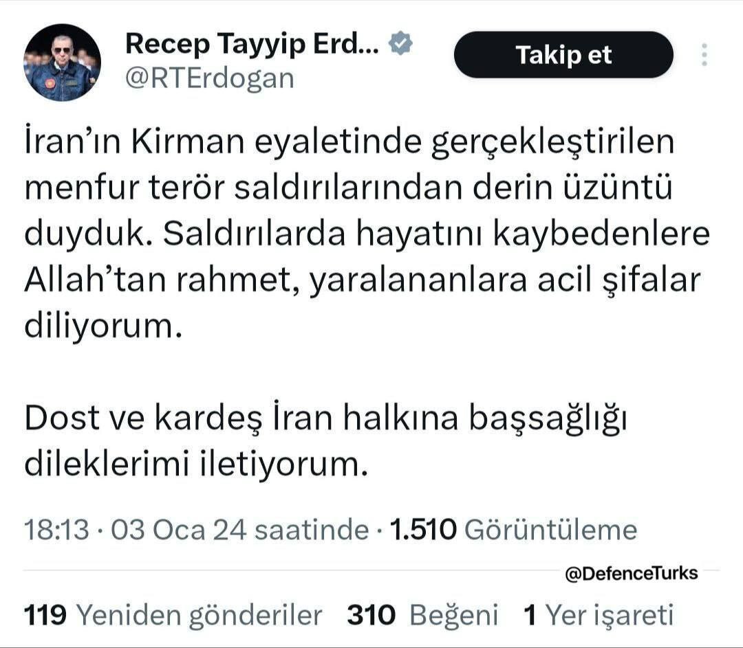 ابراز تاسف اردوغان از حادثه تروریستی کرمان