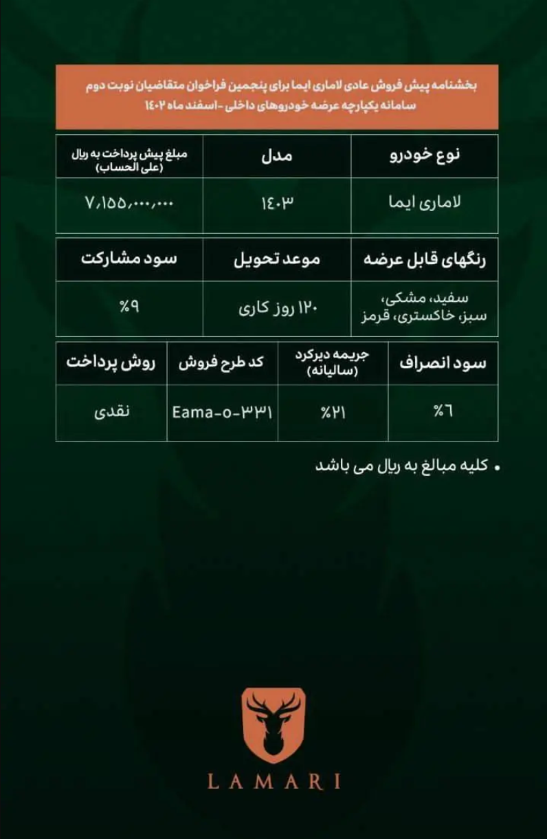 بخشنامه پیش فروش عادی خودرو لاماری ایما اعلام شد