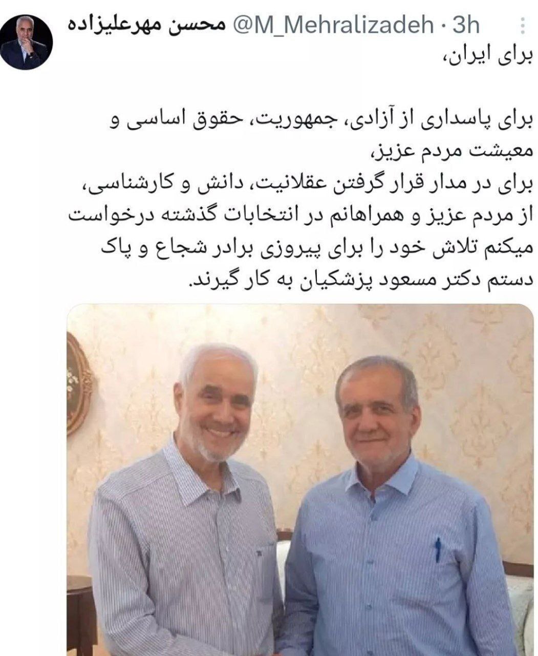 حمایت توییتری محسن مهرعلیزاده از مسعود پزشکیان