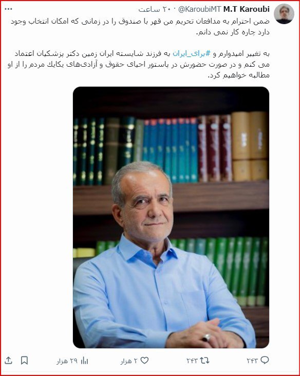 حمایت فرزند مهدی کروبی از پزشکیان: به تغییر امیدوارم