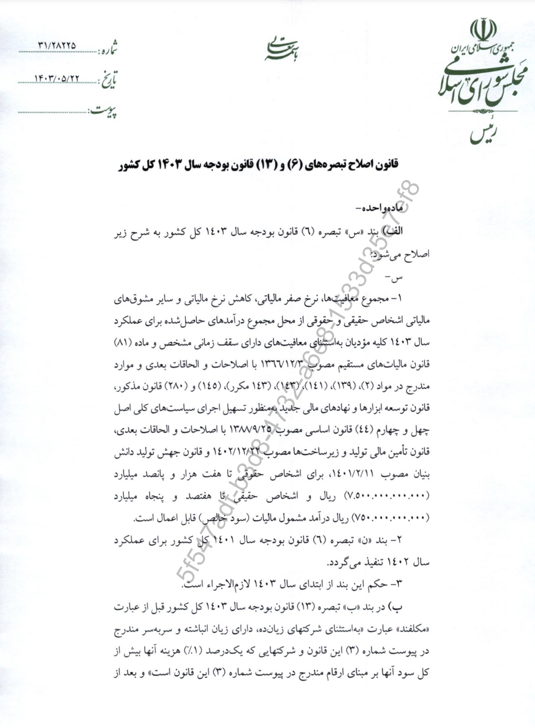 قالیباف اصلاح بودجه ۱۴۰۳ را ابلاغ کرد