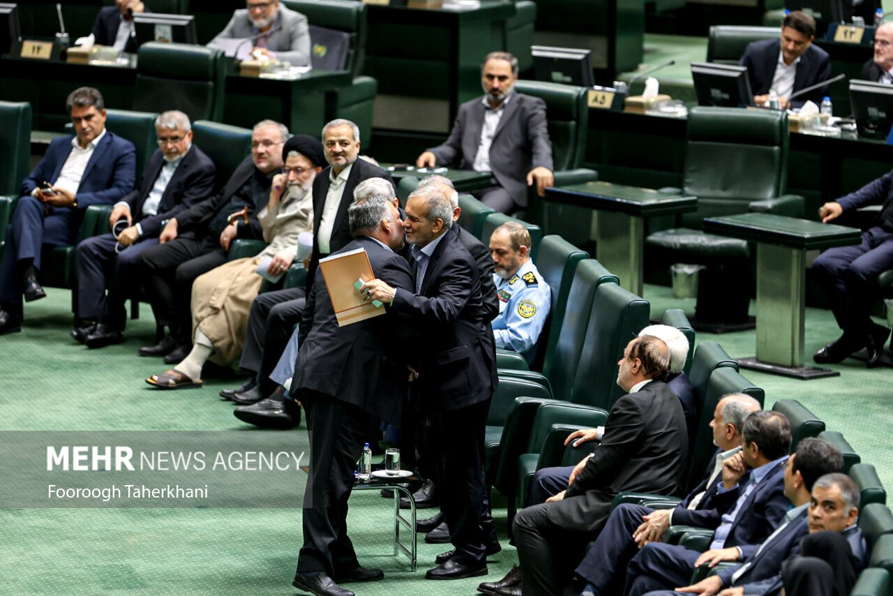 (تصویر) عکسی از روبوسی وزیر اقتصاد احمدی نژاد و پزشکیان در صحن مجلس