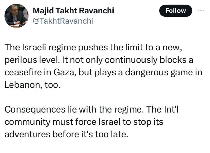 روانچی: رژیم صهیونیستی بازی خطرناکی را در لبنان انجام می‌دهد
