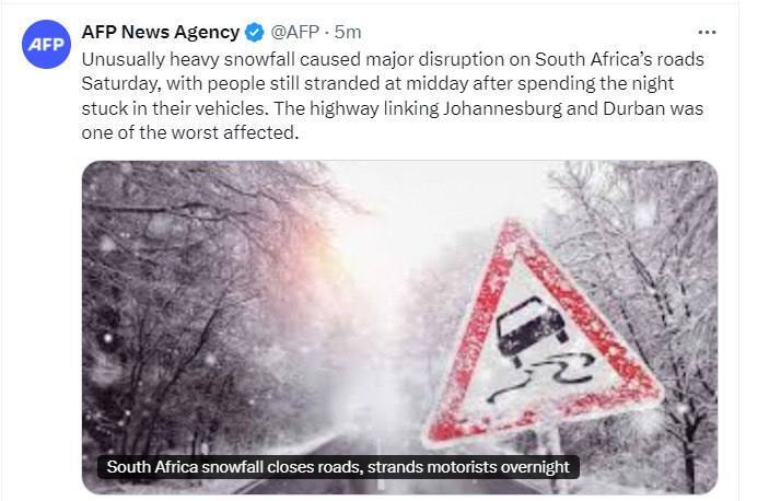 بارش بی سابقه برف در آفریقای جنوبی