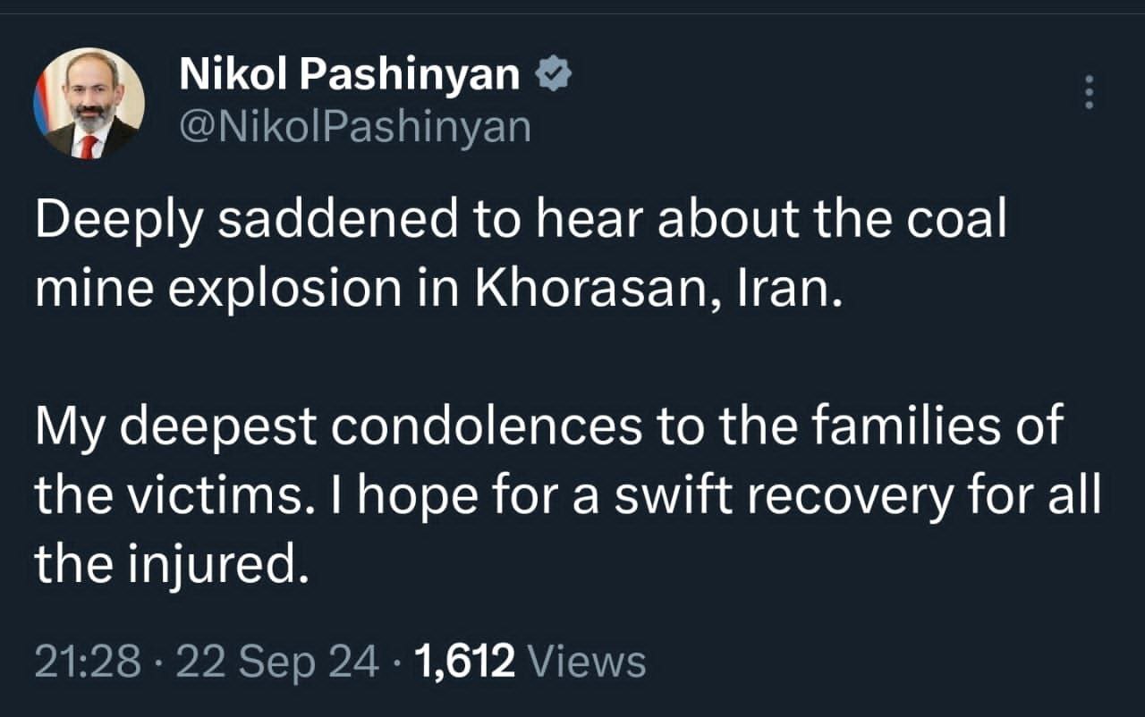 نخست وزیر جمهوری ارمنستان حادثه معدن طبس را به ملت ایران تسلیت گفت