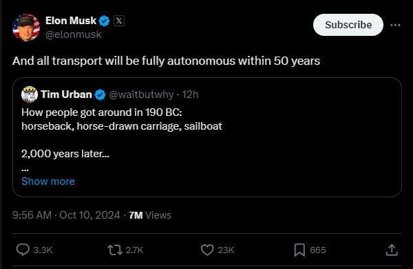 ایلان‌ماسک: تمام سیستم‌های حمل‌ونقل تا ۵۰ سال آینده کاملاً خودران می‌شوند