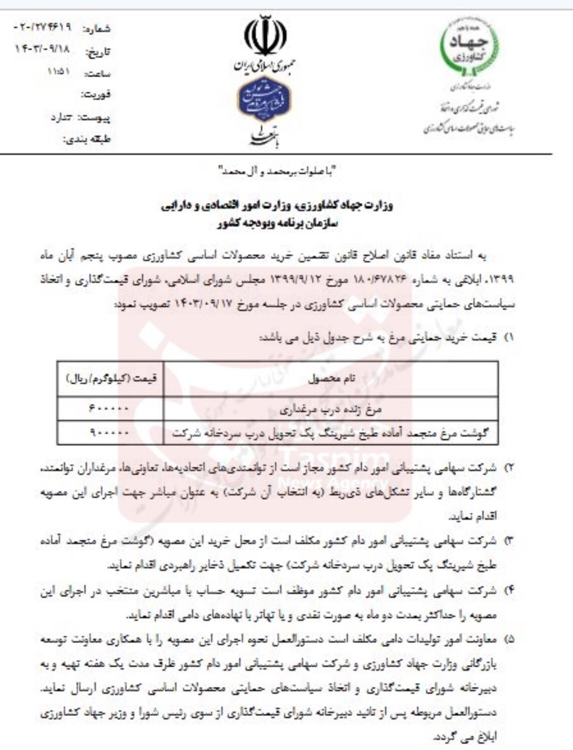 قیمت خرید حمایتی مرغ درب مرغداری و منجمد اعلام شد